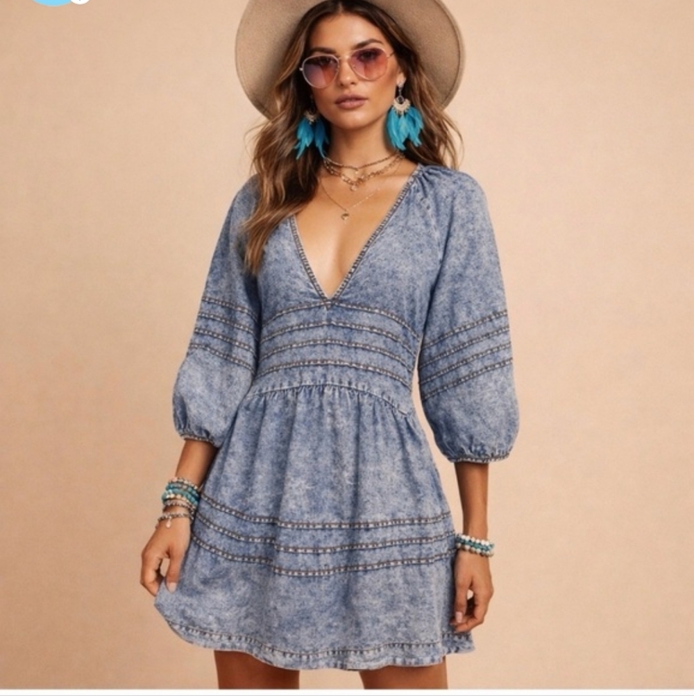 Free People Blue Denim Boho Babydoll Mini Dress Puff Sleeve Deep V Festival - Picture 2 of 14
